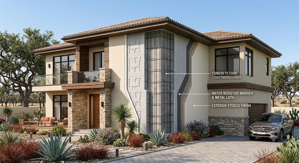 Conceptual home design with a cutaway through the exterior wall showing the steel-reinforced concrete core, the water-resistive barrier and metal lath, and the exterior stucco finish