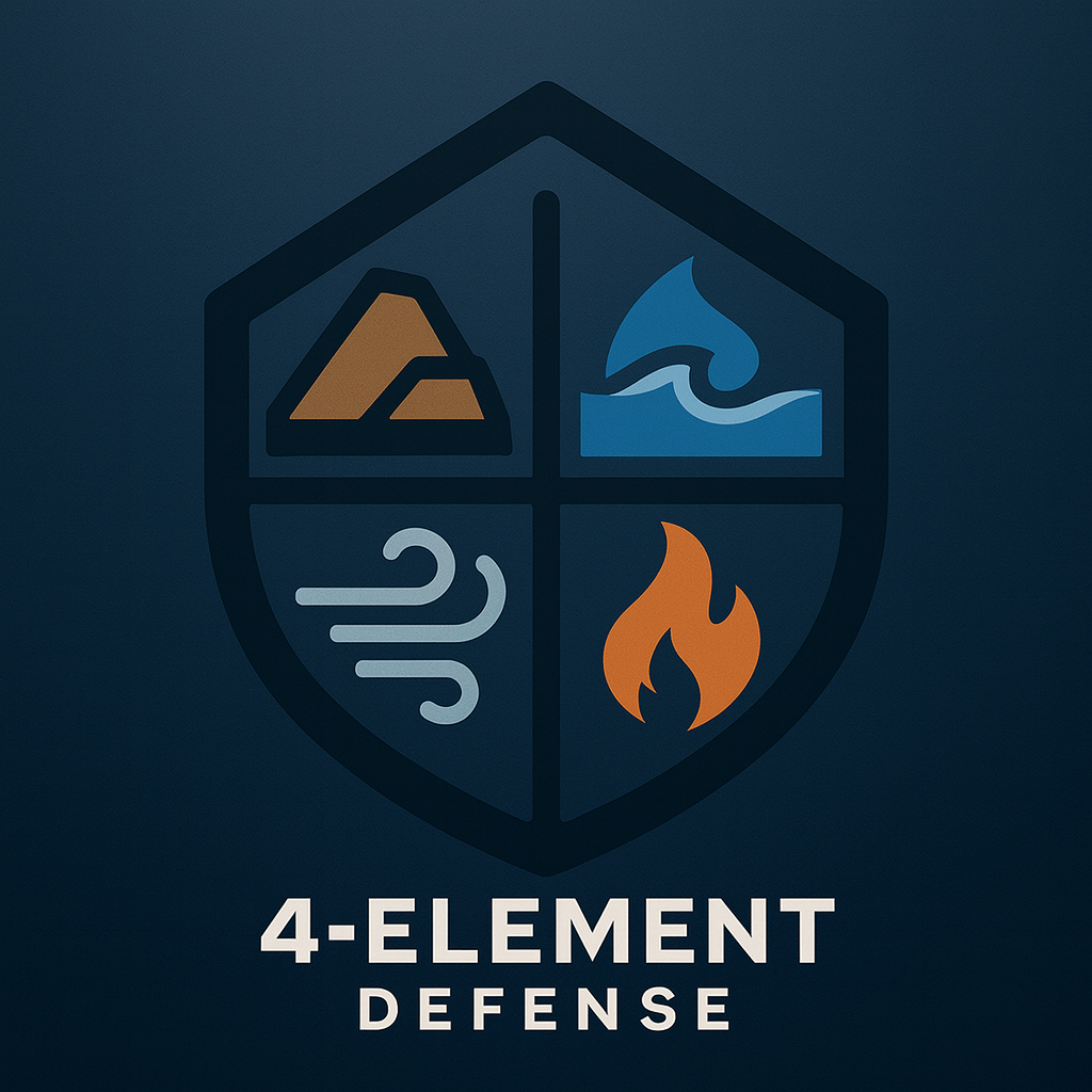 Illustration of the 4-Element Defense framework — Wind, Flood, Wildfire, Earthquake
