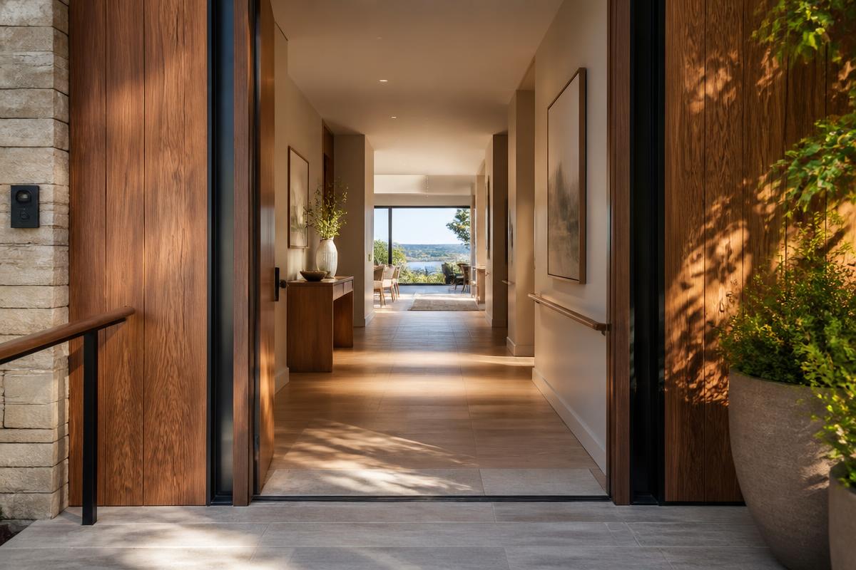 Conceptual Whitehawk Home entry and hallway with a step-free entry, wide circulation, and warm premium finishes; not a completed WHITEHAWK ICF project.