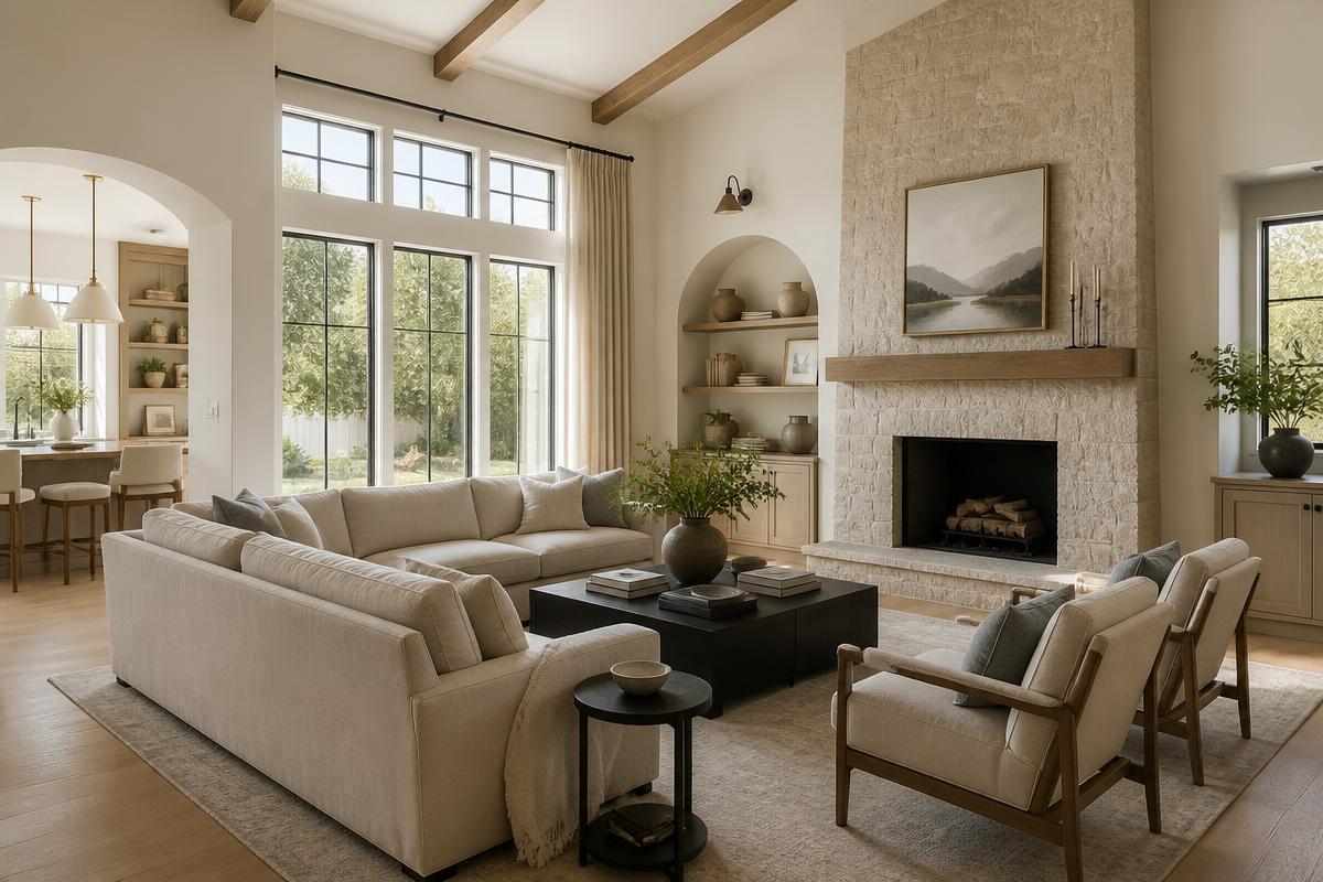 Conceptual warm, light-filled Whitehawk Home living area surrounded by an insulated concrete structure; not a completed WHITEHAWK ICF project.