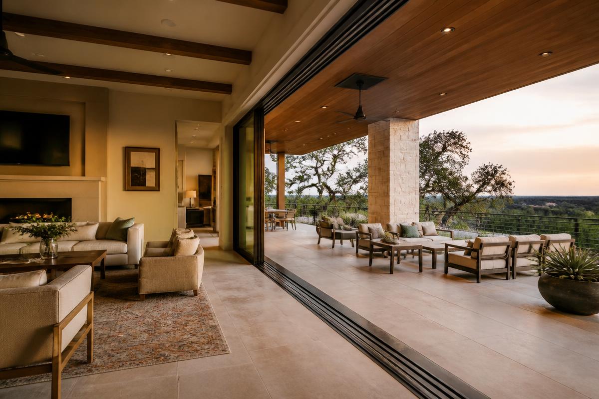 Conceptual Whitehawk Home indoor-outdoor living connection with wide glass doors opening to a shaded covered terrace; not a completed WHITEHAWK ICF project.