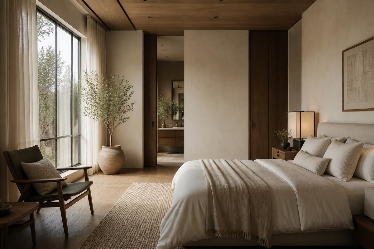 Conceptual Whitehawk Home primary bedroom suite with soft daylight and calm natural finishes; not a completed WHITEHAWK ICF project.